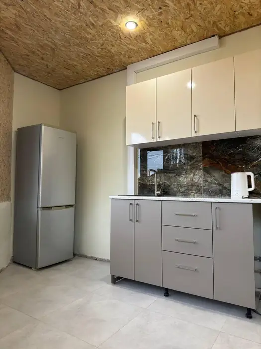 Full-height fridge next to the kitchen units